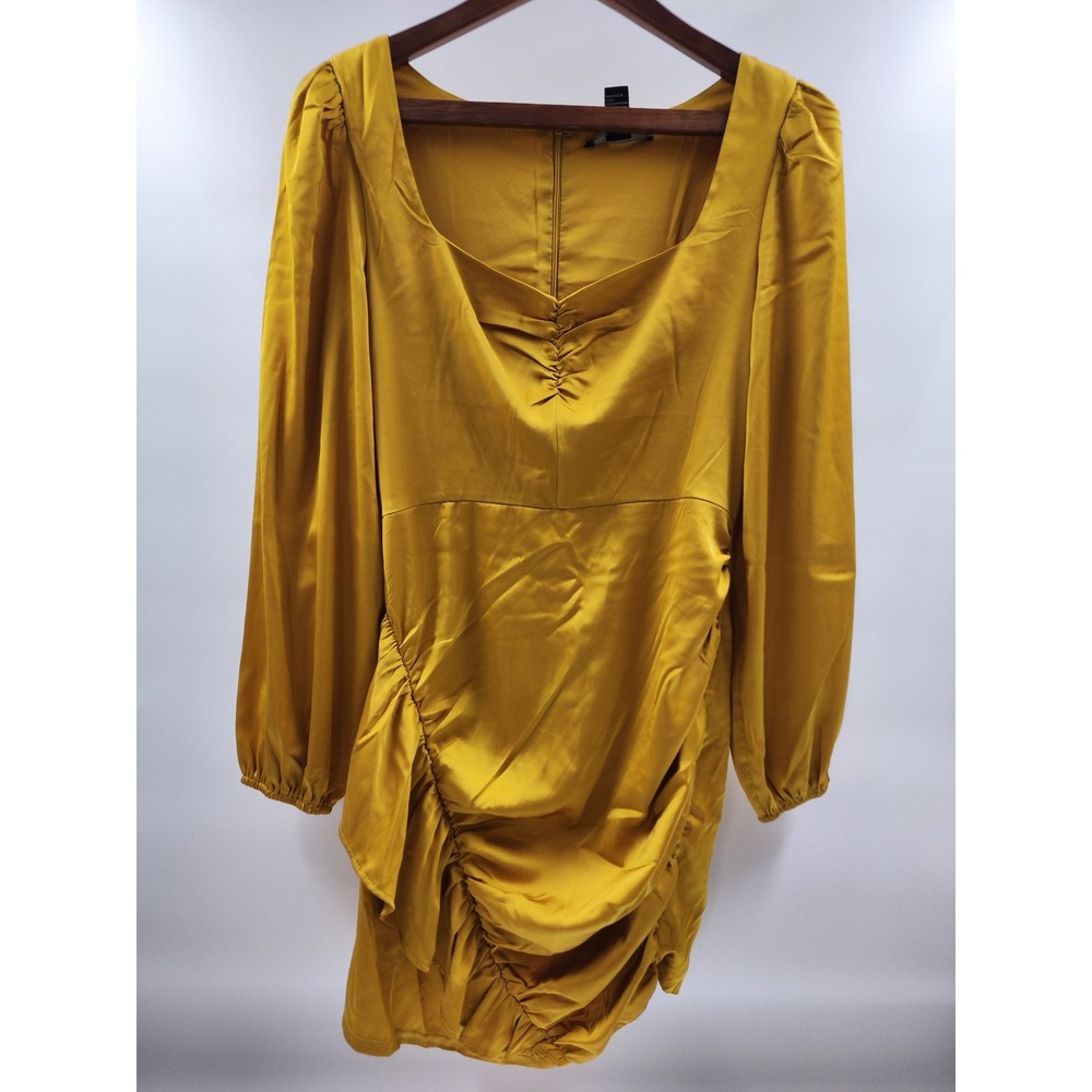 Forever 21 Mustard Yellow Satin Ruched Mini Dress Long Sleeve Square Neck Large